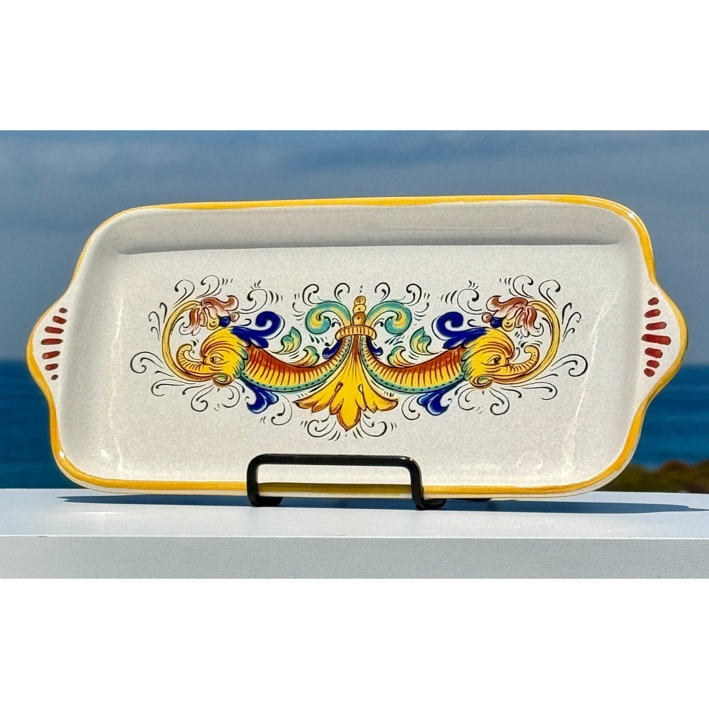 Raffaellesco Ceramica Nova Deruta Serving Tray Italy Cream Yellow Dragon Vintage